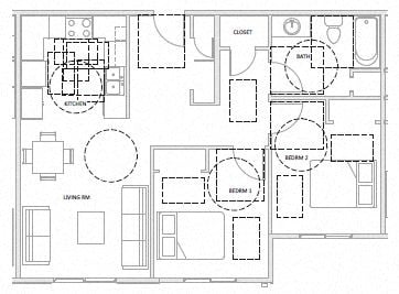 Floor plan for 2 beds, 1 bath, 818 sqft